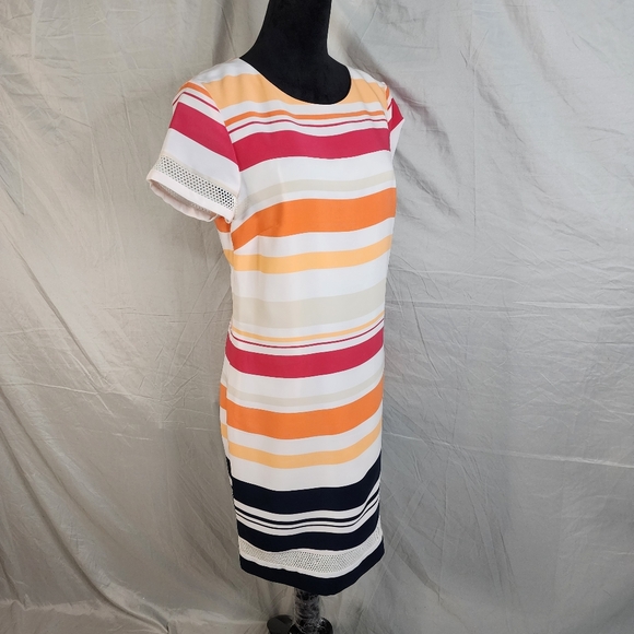 JONES NEW YORK Size 10 Colorful Striped Short Sleeve Shift Dress‎ w/ Mesh Trim - Picture 1 of 15